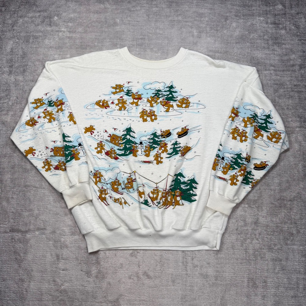 Vintage Winter Sweatshirt Women XL White 90s Teddy Bear Skiing Christmas AOP